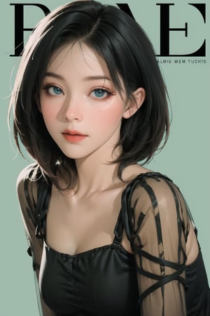 lustful, allure, sexy, 1girl, thigh up body, detailed beautiful face, detailed beautiful eyes, looking at viewer, translucent, intricate clothes, cutout clothes, cinematic lighting, different hairstyle, magazine cover, green background, sim, kmiu