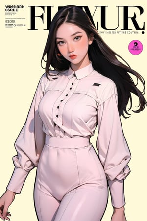 allure, 1girl, hip up body, standing, styled clothes, cutout clothes, long hair, looking at viewer, sharp focus, magazine cover, coloful background, ((2D artstyle, outline,)) chimai,