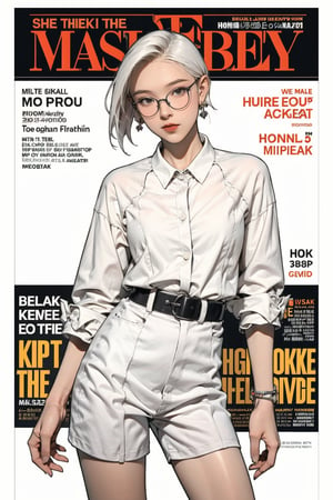 1girl, white hair, bracelets, ((thigh up body, standing,)) looking at viewer, hairstyle, earrings, intricate background, magazine cover, headphone, eyeglasses, mthanhh