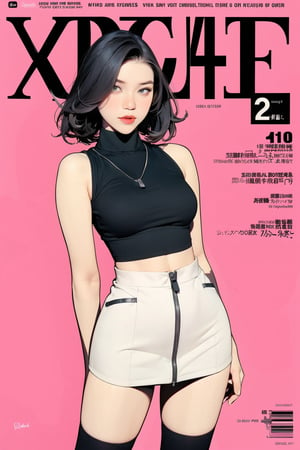 1girl, standing, looking at viewer, styled clothes, turtle neck croptop, sleeveless, zipped mini skirt, thighhighs, hairstyle, sharp focus, magazine cover, coloful background, 2D artstyle, outline, chimai,