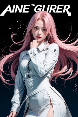 1girl, thigh up body, standing, looking at viewer, pink hair, styled clothes, ultra detail, accurate color reproduction, black background, best quality, professionally color graded, artwork, blurring effect, professional lighting, sanatw, magazine cover,sim,chimai,aespakarina,jisoo