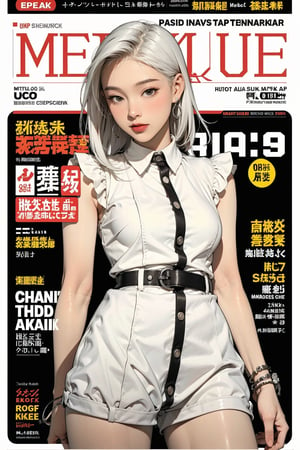 1girl, white hair, bracelets, ((thigh up body,)) looking at viewer, hairstyle, earrings, intricate background, magazine cover, aespakarina, headphone,mthanhh