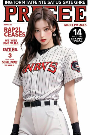 1girl, thigh up body, ((baseball girl outfit,)) long hair, looking at viewer, detailed clothes, earrings, sanatw, magazine cover, 