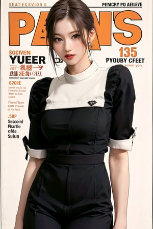 1girl, thigh up body, maid outfit, looking at viewer, detailed clothes, earrings, sanatw, magazine cover, 