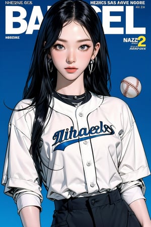 1girl, ((baseball girl outfit,)) hip up, detailed clothes, earrings, looking at viewer, aespakarina, magazine cover,