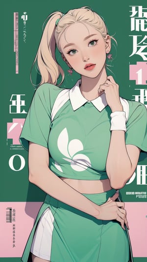 1girl, standing, thigh up body, ((looking at viewer, tennis girl outfit, center opening,)) 2D artstyle, magazine cover, outline, earings, blush, green background, hairstyle, ultra detailed, best quality, sharp focus, ,DiaSondef,sophiesw,Mia ,Anna ,mthanhh,minatw