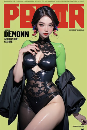 ((demon hunter,)) thigh up body, 1girl, looking at viewer, intricate clothes, shiny, professional lighting, different hairstyle, coloful, green background, magazine cover, chimai