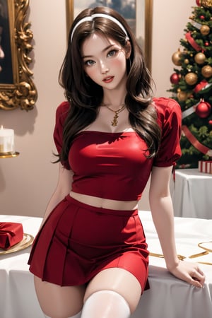 1girl, masterpiece, high detailed, realistic, digital art, beautiful girl, christmas, christmas girl costume, thighs up body, cropped clothes, skirt, red and white theme, aespakarina, aespakarina, 1girl, detailed beautiful face, detailed beautiful eyes, sharp focus, hair band, ,sanatw