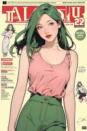 mature, lustful, allure, 1girl, green hair, red lips, eye_lens, detailed and styled clothes, medium breasts, skirt, looking at viewer, best quality, masterpiece, sharp focus, hakil, magazine cover, ((outline, 2D manga artstyle,))