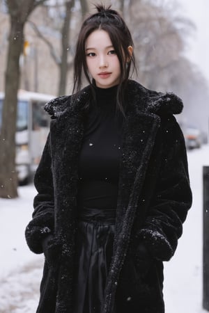 1girl, thigh up body, long skirt, turtle neck shirt, down jacket, black tied hair, on paris street corner, winter, snow on hair, snow on clothes, looking at viewer, ultra detailed, beautiful face, natural lighting, 2D artstyle, best quality, masterpiece, aespakarina, straight camera angle, noise effect, blurring effect,