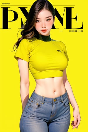 1girl, thigh up body, detailed clothes, kpop idol, hairstyle, croptop, trouser, looking at viewer, sharp focus, magazine cover, yellow background, ((outline,)) chimai, aespakarina,sanatw