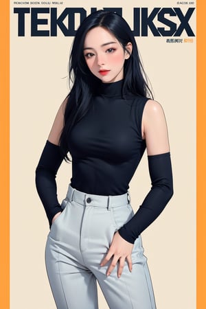 1girl, hip up, standing, looking at viewer, detailed clothes, styled cutout turtleneck body shirt, sleeveless, accurate color reproduction, best quality, magazine cover, jisoo,chimai,miyeon,aespakarina,hakil,QA,sim