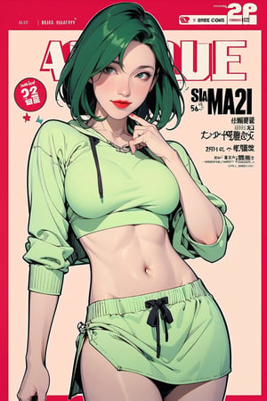 mature, lustful, allure, 1girl, green hair, red lips, eye_lens, detailed clothes, top bikini, croptop hoodie, medium breasts, skirt, looking at viewer, best quality, masterpiece, sharp focus, hakil, magazine cover, ((outline, 2D manga artstyle,))