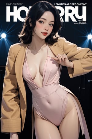 1girl, thigh up body, looking at viewer, on stage, intricate clothes, professional lighting, different hairstyle, coloful, magazine cover, light theme, kn,huondey