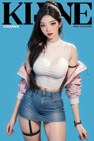 ((kpop idol girl, thigh strap, styled top, skirt,)) 1girl, thigh up, hairstyle, standing, looking at viewer, ultra detailed, profesional lighting, blue background, magazine cover

johyun, wyntracy, hine, hakil, htt, chimai, sim, yuong01, sana, QA, aespakarina, huondey,kn,jisoo,rosé