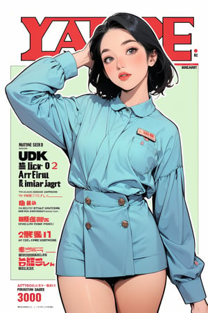 1girl, flight attendant outfit, thigh up body, detailed clothes, looking at viewer, sharp focus, magazine cover, coloful background, ((2D manga artstyle, outline,)) chimai,