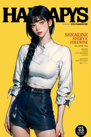 1girl, thigh up body, detailed clothes, kpop idol, short length hair, 2_braided_hair, blunt bangs, looking at viewer, sharp focus, magazine cover, yellow background, ((outline,)) chimai, aespakarina,sanatw