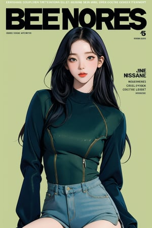 1girl, thigh up, looking at viewer, detailed clothes, accurate color reproduction, best quality, professionally color graded, artwork, blurring effect, professional lighting, sanatw, magazine cover, green background, jisoo,chimai