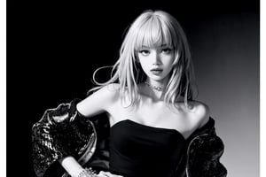 ((masterpiece, best quality, digital art, official art, artwork, hip up body,)) monochrome, different color hair, 1girl, looking at viewer, professional lighting, high quality, ultra detailed, simple background, htt,jennie,lisa