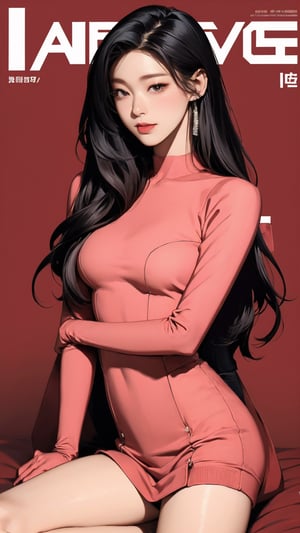 1girl, attendant, looking at viewer, thigh up body, stocking, earings, elegant, blush, red background, hairstyle, styled clothes, cinematic composition, ultra detailed, best quality, sharp focus, magazine cover, outline, 2D artstyle, seolhuyn