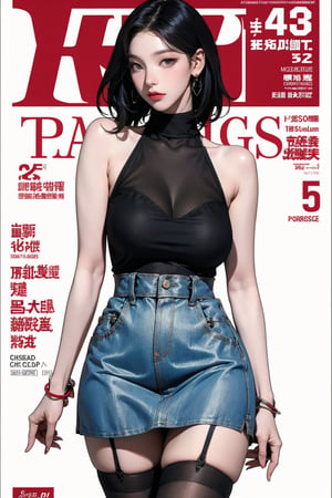 1girl, different styled shirt, skirt, stockings, bracelets, turtleneck shirt,  bare shoulders, thigh up body, looking at viewer, hairstyle, dyed hair, aespakarina, earrings, intricate background, chimai,magazine cover