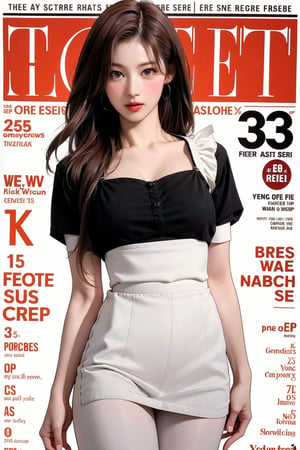 1girl, thigh up body, maid outfit, long hair, looking at viewer, detailed clothes, earrings, sanatw, magazine cover, 