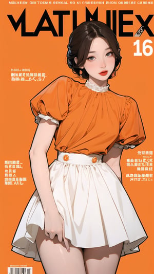 1girl, looking at viewer, thigh up body, stocking, earings, elegant and allure, nsfw, orange background, hairstyle, styled clothes, cutout clothes, dynamic composition, ultra detailed, best quality, sharp focus, magazine cover, outline, 2D artstyle,aespakarina,htt