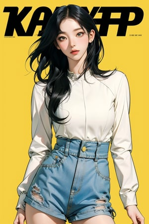 1girl, thigh up body, detailed clothes, kpop idol outfit, styled, medium hair, tied hair, looking at viewer, sharp focus, magazine cover, yellow background, ((outline,)) chimai, aespakarina,sanatw