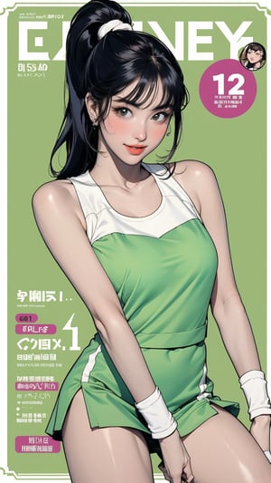 1girl, standing, thigh up body, ((looking at viewer, tennis girl outfit, center opening,)) 2D artstyle, magazine cover, outline, earings, blush, green background, hairstyle, ultra detailed, best quality, sharp focus, ,DiaSondef,sophiesw,Mia ,Anna ,mthanhh,minatw,momo