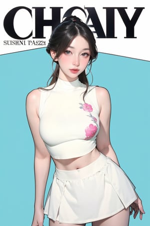 1girl, thigh up body, looking at viewer, styled clothes, turtle neck croptop, sleeveless, sharp focus, magazine cover, coloful background, 2D artstyle, outline, 

chimai,hine,hakil,yuong01,johyun,sim,haohaoulz,kn,htt