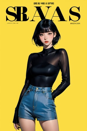 1girl, thigh up body, detailed clothes, kpop idol, short length hair, 2_braided_hair, blunt bangs, looking at viewer, sharp focus, magazine cover, yellow background, ((outline,)) chimai, aespakarina,sanatw