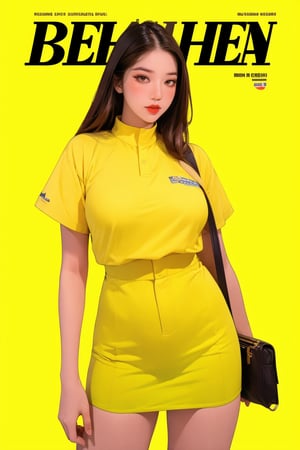 1girl, thigh up, looking at viewer, detailed clothes, baseball girl outfit, accurate color reproduction, best quality, professionally color graded, artwork, blurring effect, professional lighting, sanatw, magazine cover, yellow background, jisoo,chimai,miyeon,aespakarina