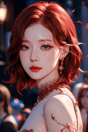 short red hair, 1girl, accessories, piercing, intricate background, fantasy, mythical, misterious, masterpiece, best quality, dynamic angle, cinematic composition, aespawinter,1 girl