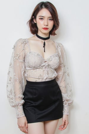 portrait, 1girl, thigh up, light make up, styled shirt, skirt, piercing, looking at viewer, make up, choker, hairstyled, white background, highres, accurate color reproduction, sharp focus, 
aespakarina, chimai,Enhanced all,charcoal \(medium\),yuongg,hine,hakil