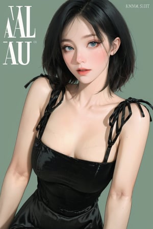 lustful, allure, sexy, 1girl, thigh up body, detailed beautiful face, detailed beautiful eyes, looking at viewer, translucent, intricate clothes, cutout clothes, cinematic lighting, different hairstyle, magazine cover, green background, sim, kmiu