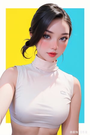 1girl, looking at viewer, styled clothes, turtle neck croptop, sleeveless, hairstyle, sharp focus, magazine cover, coloful background, 2D artstyle, outline, 

chimai,hine,hakil,yuong01,johyun,sim,haohaoulz,kn,htt