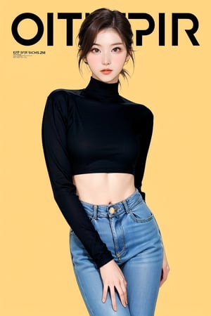 1girl, thigh up body, detailed clothes, kpop idol, turtle_neck_croptop, long_wide_sleeves_jeans, looking at viewer, sharp focus, magazine cover, yellow background, ((outline,)) chimai, aespakarina,sanatw