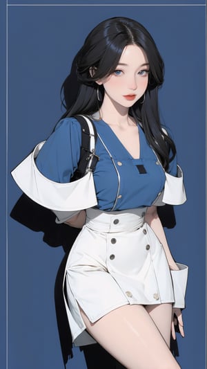 1girl, looking at viewer, thigh up body, stocking, earings, elegant, allure emotion, nsfw, blue background, hairstyle, styled clothes, cutout clothes, dynamic composition, ultra detailed, best quality, sharp focus, magazine cover, outline, 2D artstyle,aespakarina,htt