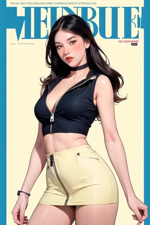 1girl, standing, looking at viewer, styled clothes, turtle neck croptop, cleavage, sleeveless, zipped mini skirt, thighs_choker, hairstyle, sharp focus, magazine cover, coloful background, ((2D artstyle, outline,)) chimai,