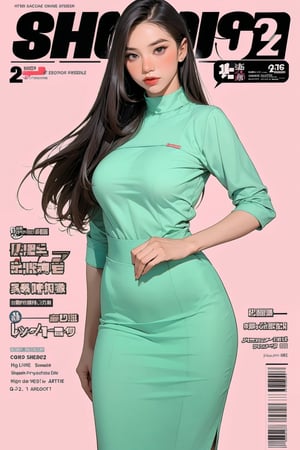 1girl, hip up body, standing, detailed clothes, cutout clothes, long hair, looking at viewer, sharp focus, magazine cover, coloful background, ((2D artstyle, outline,)) chimai,