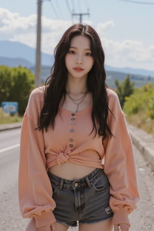 1girl, hip up body, kpop idol, croptop, standing, on street, detailed clothes, looking at viewer, ultra detailed, beautiful face, natural lighting, magazine cover, 2.5D artstyle, best quality, masterpiece, aespakarina, straight camera angle,