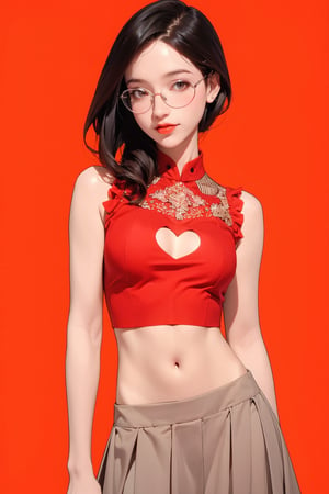 allure, lustful, 1girl, thigh up body, looking at viewer, translucent, intricate clothes, cutout clothes, ((sleeveless, skirt, navel cutout, )), cinematic lighting, hairstyle, magazine cover, red background, hakil, eyeglasses,