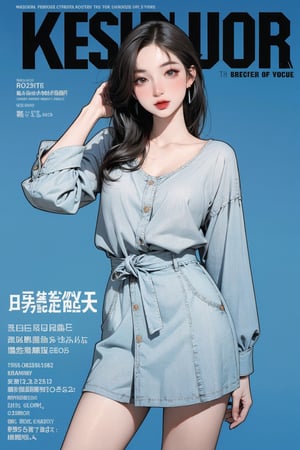 1girl, thigh up body, eyewear, styled outfit, ((looking at viewer,)) earrings, magazine cover, blue background, hine, hakil, kmiu