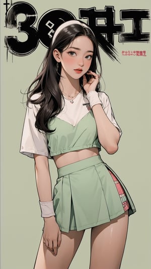 1girl, standing, thigh up body, ((looking at viewer, tennis girl outfit, miniskirt,)) 2D artstyle, magazine cover, outline, earings, blush, green background, hairstyle, ultra detailed, best quality, sharp focus,rosé,jisoo,shuhua,kn