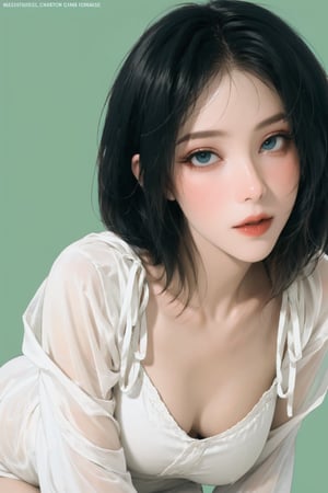 lustful, allure, sexy, 1girl, thigh up body, detailed beautiful face, detailed beautiful eyes, looking at viewer, translucent, intricate clothes, cutout clothes, cinematic lighting, different hairstyle, magazine cover, green background, sim, kmiu