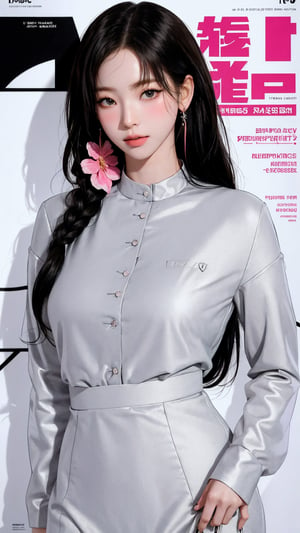 1girl, hip up body, looking at viewer, blush, styled clothes, outline, earings, hairstyle, magazine cover, ultra detailed, best quality, sharp focus, aespakarina,