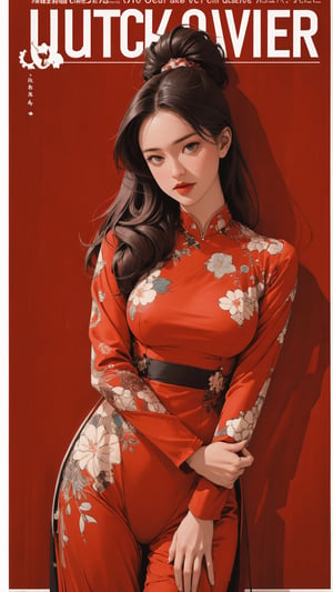 1girl, looking at viewer, thigh up body, sexy and elegant, red background, hairstyle, cinematic composition, cutout clothing, ultra detailed, best quality, sharp focus, aespakarina, magazine cover, outline, 2D art, chimai,htt,sim,huondey,kn