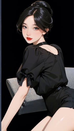 1girl, looking at viewer, thigh up body, sexy and elegant, black background, cutout clothing, hairstyle, cinematic composition, styled clothes,  ultra detailed, best quality, sharp focus, magazine cover, outline, 2D artstyle, htt