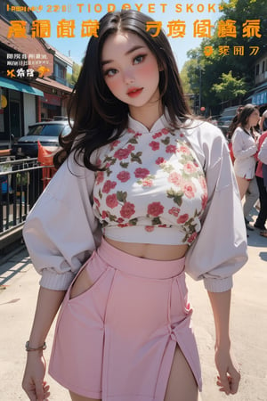 colorful theme, 1girl, singer, idol, looking at viewer, dynamic composition, standing,  styled croptop, skirt, cut out clothes, ultra detailed, best quality, sharp focus, natural lighting, magazine cover, aespakarina,chimai,chimaiv7