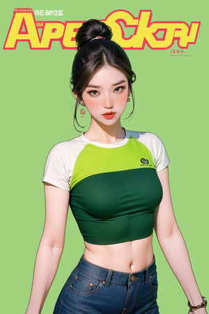 1girl, thigh up body, detailed clothes, kpop idol, hairstyle, croptop, looking at viewer, sharp focus, magazine cover, green background, ((outline,)) chimai, aespakarina,sanatw